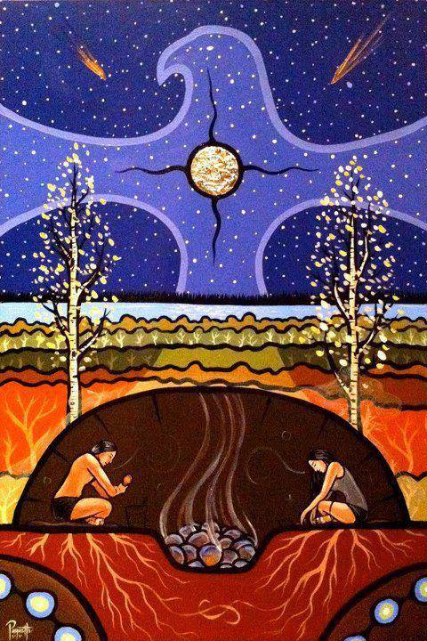 Pintura tradicional de un temazcal bajo un cielo estrellado: dos personas dentro del vientre de la tierra junto a las piedras encendidas